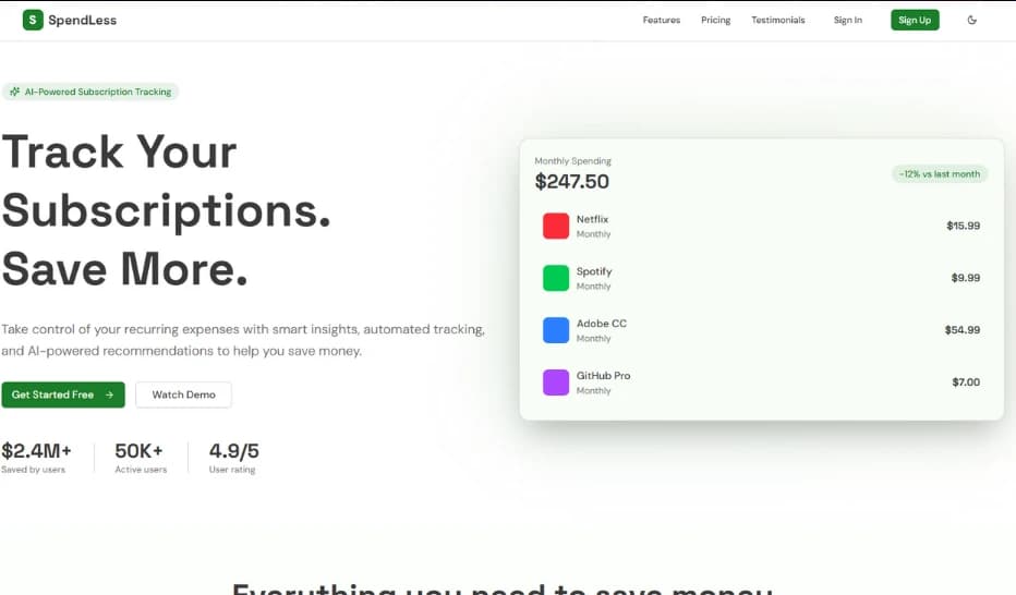The Spendless landing page, showing a monthly spending panel with tracked subscriptions.